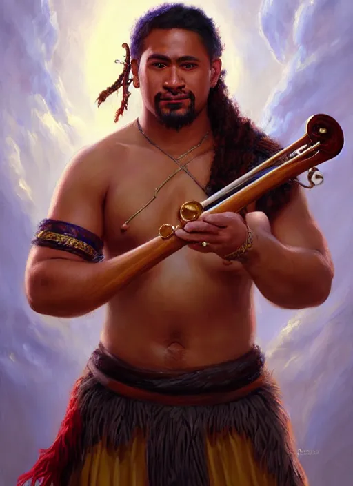 Prompt: a _ fantasy _ style _ portrait _ painting _ of samoan male charismatic bard playing instrument, rpg dnd oil _ painting _ unreal _ 5 _ daz. _ rpg _ portrait _ extremely _ detailed _ artgerm _ greg _ rutkowski _ greg