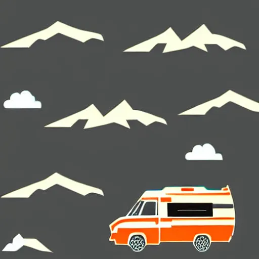 Image similar to vector art of a white and black cute thor chateau! motorhome camper!!, highway, mountains and colorful sunset!!, very happy, minimal vector art sticker!! by tom whalen, sanja stikovic