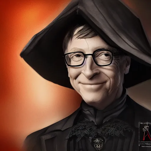 Prompt: Bill Gates posing in gothic victorian dress, artstation trending portrait, hyper-realistic eyes, sharp focus, 4k HD wallpaper