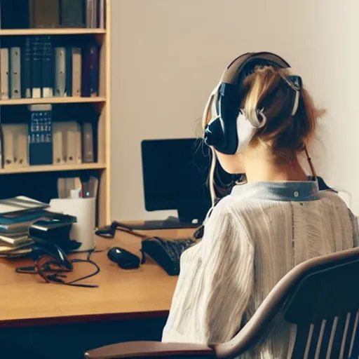 Image similar to The LoFi Beats girl at her desk, studying with headphones on, resembling Taylor Swift