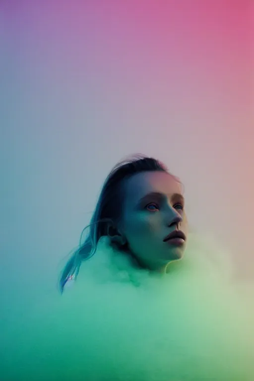 Prompt: high quality pastel coloured film close up wide angle portrait photograph of a model wearing clothing resting on cloud furniture in a icelandic black rock environment in a partially haze filled dreamstate world. three point light, rainbow. photographic production. art directed. pastel colours. volumetric clouds. pastel gradient overlay. waves glitch artefacts. extreme facial clarity. 8 k. filmic.