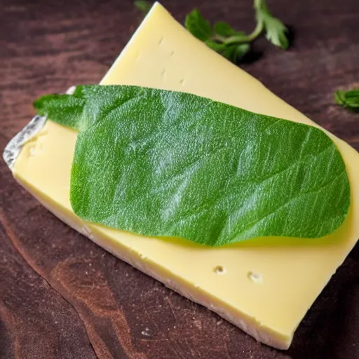 Image similar to a wedge of cheese with a green participation badge hanging from the side, stock art, 8K