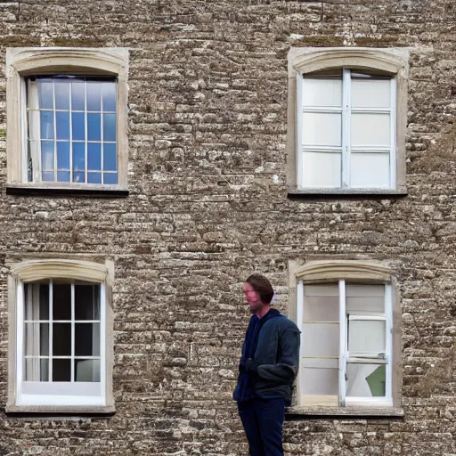 Prompt: single triangular or round sash window on a british wall, surprised and perplexed builders standing in front of it