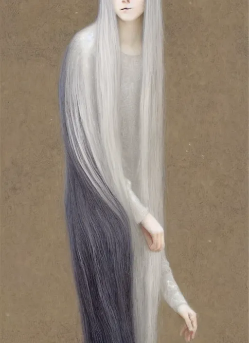 Image similar to tall thin young wan beautiful angel, silver hair so long, pale!, long silver hair, silver angel wings, wan adorable korean face, silver hair!!, style of fernand khnopff and lucien levy - dhurmer, oil on canvas, 4 k resolution, aesthetic!,