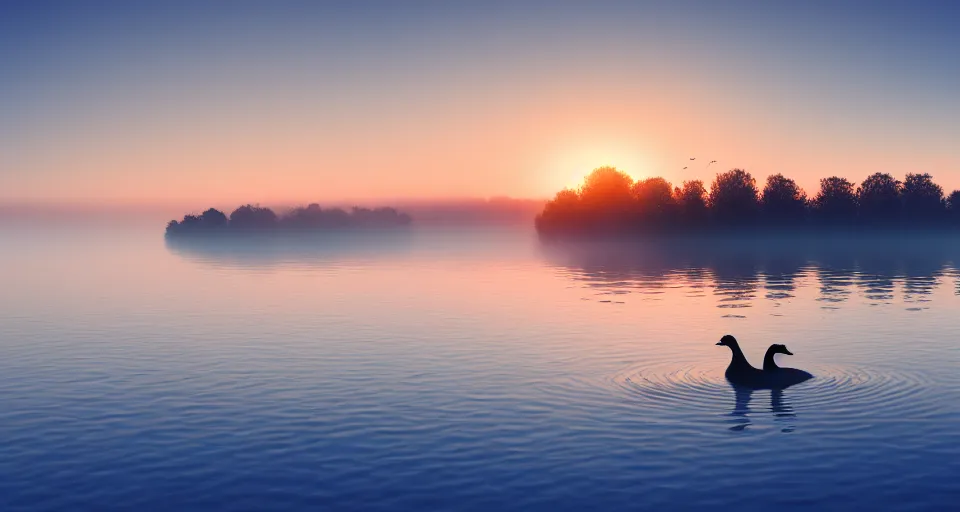 Prompt: a goose swimming in a calm lake at sunrise matte painting, foggy, 4 k wallpaper, trending on artstation, professional photography