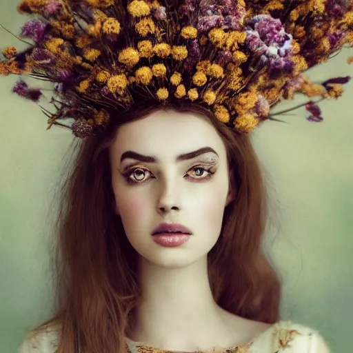 Prompt: fine art photo of the beauty goddess yael shelbia, she has a crown of dried flowers, by oleg oprisco