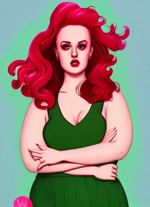 Image similar to full body portrait of teenage cheryl blossom, obese, bangs, green eyes, sultry, realistic, red hair, sultry smirk, wavy hair, pink skirt, fat, intricate, elegant, glowing lights, highly detailed, digital painting, artstation, concept art, smooth, sharp focus, illustration, art by wlop, mars ravelo and greg rutkowski