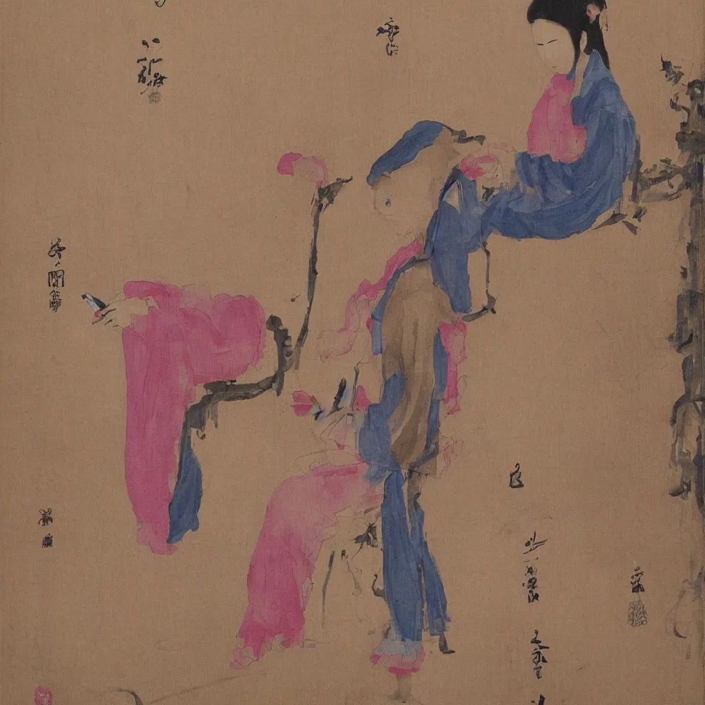 Prompt: i, a beautiful woman playing her iphone, by qibaishi