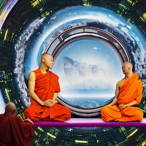 Prompt: Thai Buddhist monks in a sci fi space habitat ringworld.