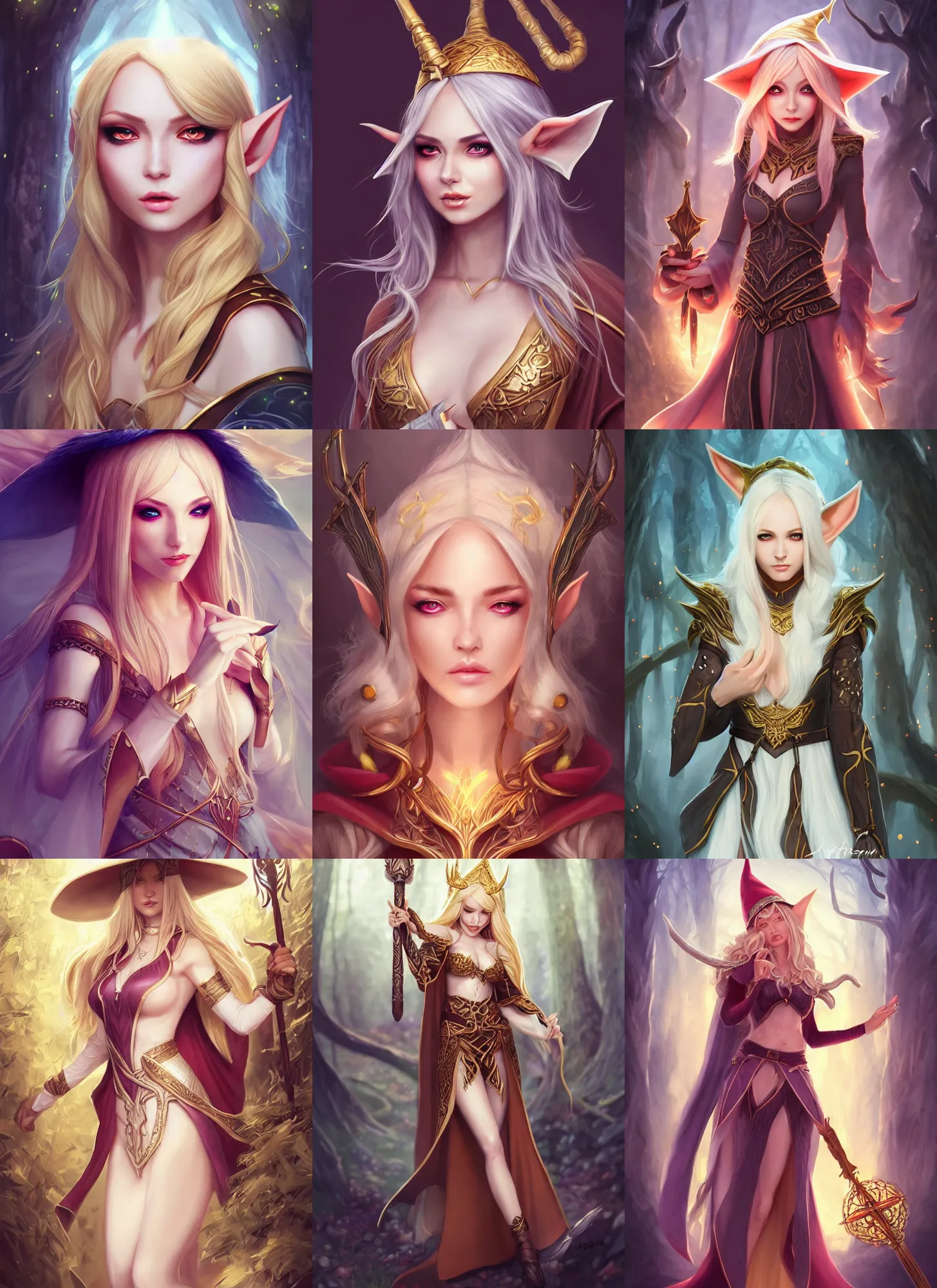 Image similar to full body portrait beautiful elf sorceress, skintight robes, hat, tunic, detailed face, golden hair, big red eyes, white skin, forest, scepter, high fantasy, extemely detailed, dnd, smooth, sharp focus, digital illustration, by artgerm, sakimichan, rossdraws