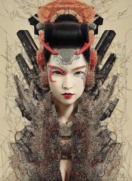 Image similar to portrait of a seductive cyberpunk geisha yakuza, imari, modern fine art, fractal, in the style of ex - machina, intricate ornaments, elegant, highly detailed, digital photography, subsurface scattering, by mc escher and greg rutkowski,