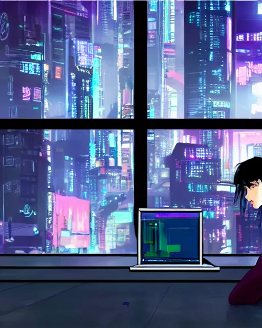 Prompt: a still of a cyberpunk female digital artist creating art on computer and there are windows with cyberpunk city skyline in the room, sunrise, Ghost in the Shell (1995), 90s anime style,