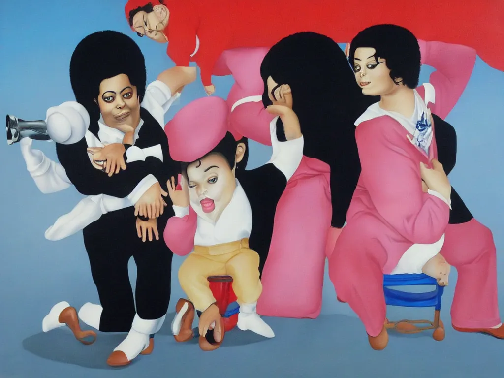 Image similar to Michael Jackson and Bubbles painted by Botero