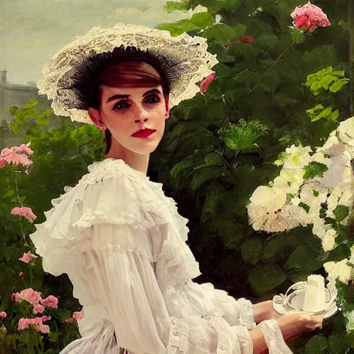 Prompt: painting hanging on wall full body fashion model emma watson by Winslow Homer smokey eyes makeup eye shadow fantasy, glow, shimmer as victorian woman in a long white frilly lace dress and a large white hat having tea in a sunroom filled with flowers, roses and lush fern flowers ,intricate, night, highly detailed, dramatic lighting , high quality