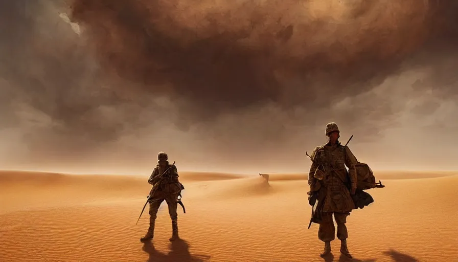 Image similar to giant sand deamon fighting beautiful digital painting of a soldier in a trench waiting for the war to end, in the sahara desert. cinematic lighting, atmospheric emotions by greg rutkowski,