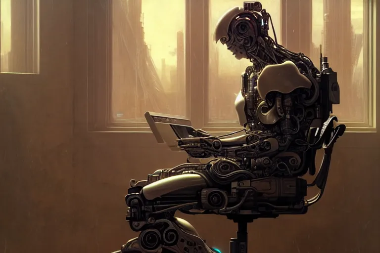 Prompt: ultra realistic, beautiful male cyborg plugged into the internet, sitting in chair, sci - fi, intricate details, eerie, highly detailed, octane render, 8 k, art by artgerm and alphonse mucha and greg rutkowski