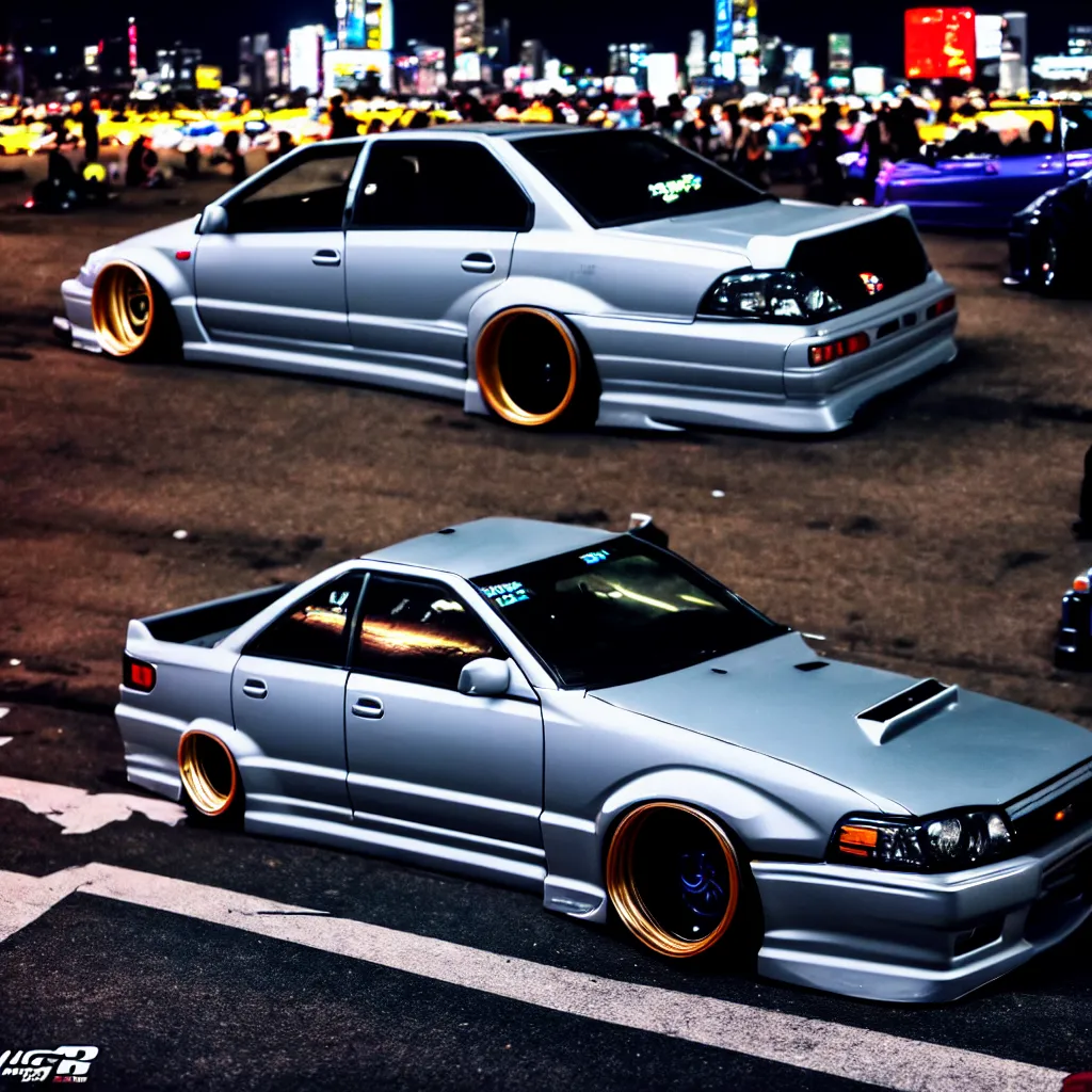 Image similar to a car JZX100 twin turbo drift at illegal car meet, Shibuya prefecture, city midnight mist lights, cinematic lighting, photorealistic, highly detailed wheels, high detail