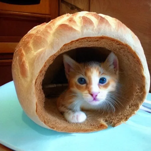 Image similar to kitten living inside a bread, hyper detailed