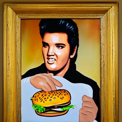 Prompt: a portrait of elvis eating a cheeseburger