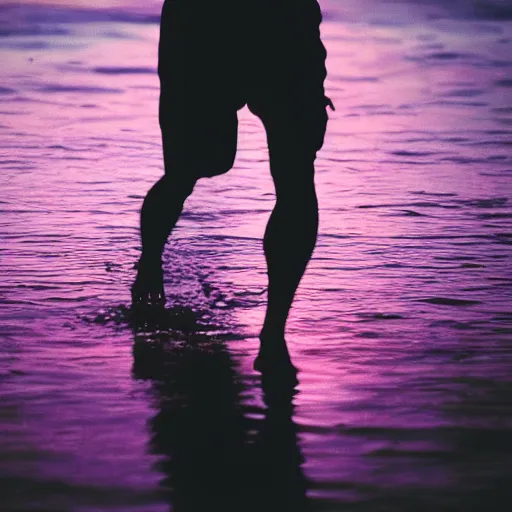 Image similar to purple sunset with a real black silhouette of a man walking on water, and high detail