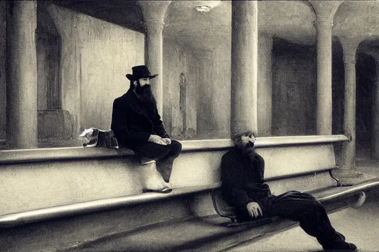 Image similar to portrait of a bearded young man sitting alone on a bench in a subway station, glowing with silver light, color by Franz Marc, highly detailed architecture by Jean-Léon Gérôme, by Winsor McCay, today's featured photograph, 16K