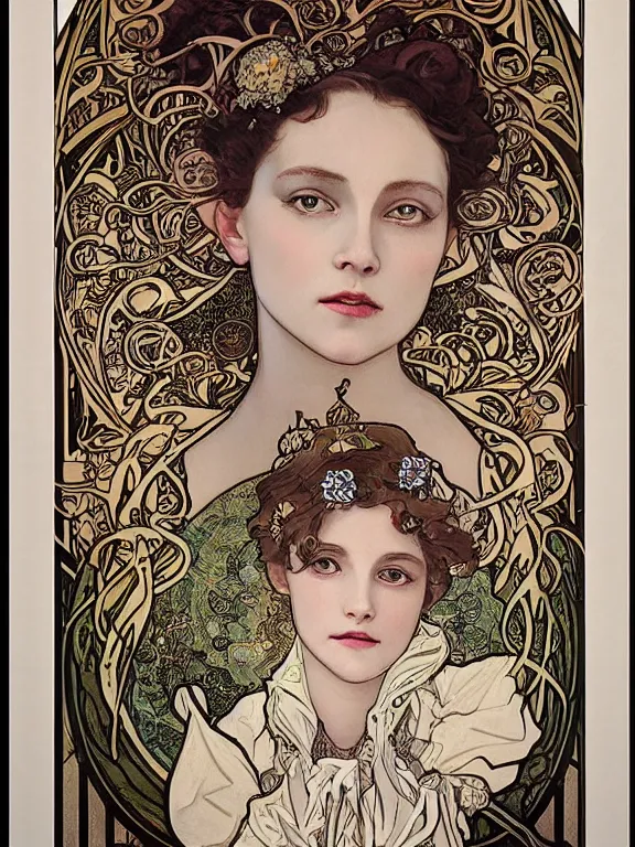 Image similar to an art nouveau mucha poster portrait oil painting of a pretty, young, moon princess surrounded by thousands of spiraling white ribbons, intricate, detailed, smooth, complex, elaborate, by bartosz kosowski and af / vf