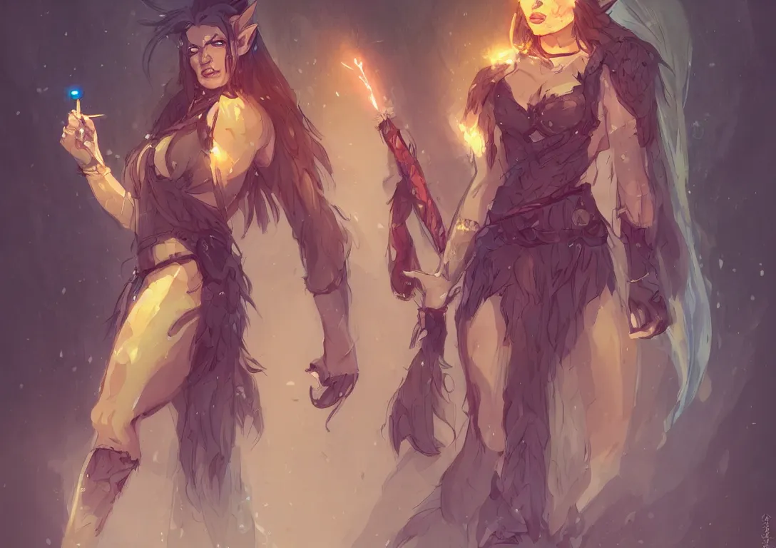 Prompt: half orc half elf woman, beautiful face and small orc tusks, ginger long hair that goes to the floor, holding a glowing diamond, tropical mage dress with high slit, several layers of fabric, character concept art, by ilya kuvshinov, krenz cushart, Greg Rutkowski, trending on pixiv