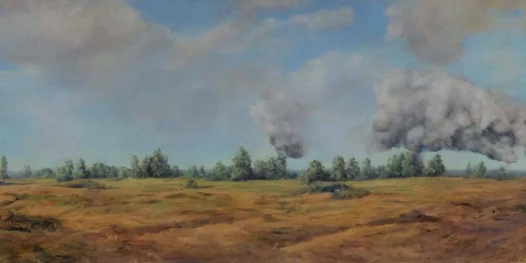 Prompt: an eastern front battlefield landscape, summertime, shell craters, distant smoke column on the horizon, oil painting in the style of peredvizhniki