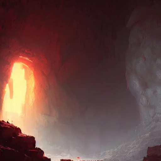 Image similar to A portrait of a magma golem inside a cave, art by greg rutkowski, matte painting, trending on artstation, very detailed