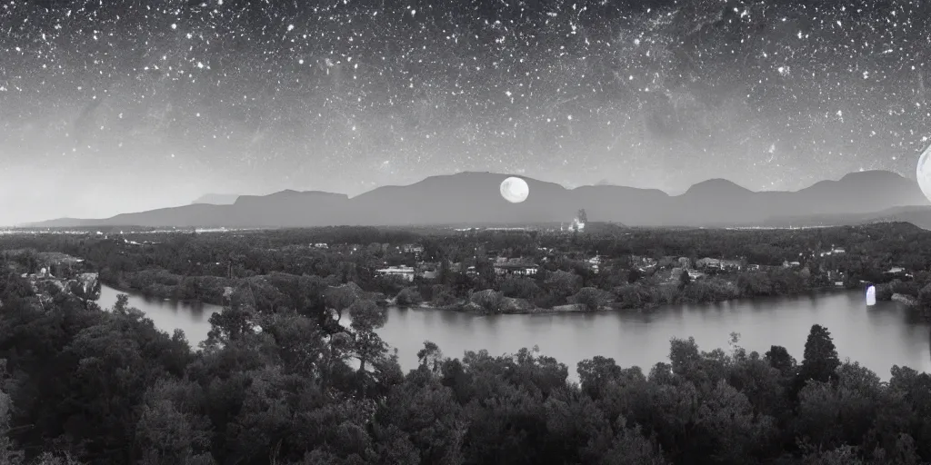 Prompt: a city on the moon with trees. river in the foreground. ocean in on the right. half lit earth in the sky from moon. moon mountains in the background