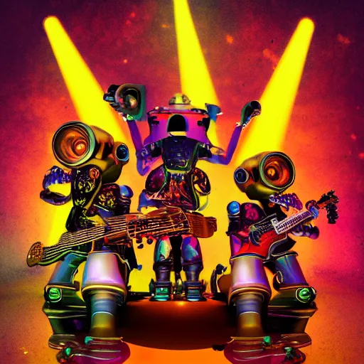 Image similar to album art, rockband with 3 steampunk robots playing guitar and drums, the letters robos rock, 8 k, flourescent colors, halluzinogenic, multicolored, insanely integrate, front shot, 3 d render, octane