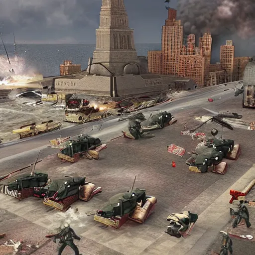 Image similar to The war between the Soviet Union and America, the action takes place in New York, far away against the background of the Statue of Liberty, a lot of soldiers and military equipment, a lot of explosions and tracer bullets, a lot of ruins, a very epic battle, The style of photography of the 80s, very detailed and detailed style