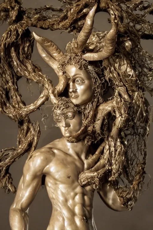 Image similar to a cinematic view of a ornated intricate mystic faun statue made by hedi xandt, chris haas and bernini, realistic, macabre art, covering his hip with a wrapped black old fabric veil, using few gold ornaments detailed image, volummetric light