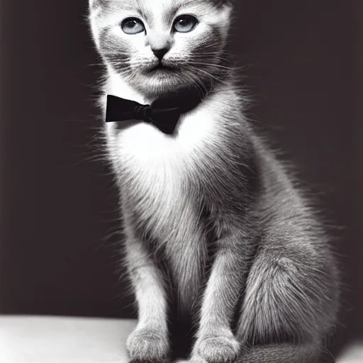 Image similar to a portrait photo of a cute solid gray solid white kitten wearing a tuxedo by edward weston, auto graflex, 2 1 0 mm ƒ / 6 4 zeiss tessar, agfa isopan iso 2 5, pepper no. 3 5, 1 9 3 0, high quality photo, highly detailed, studio lighting, fine - art photography, tack sharp