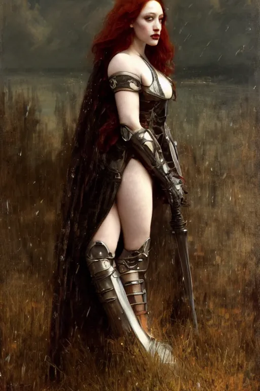 Image similar to short muscular redhead kat dennings wearing black medieval armour, bare legs, detailed, by gaston bussiere, bayard wu, greg rutkowski, giger, maxim verehin, greg rutkowski, masterpiece, sharp focus, cinematic lightning