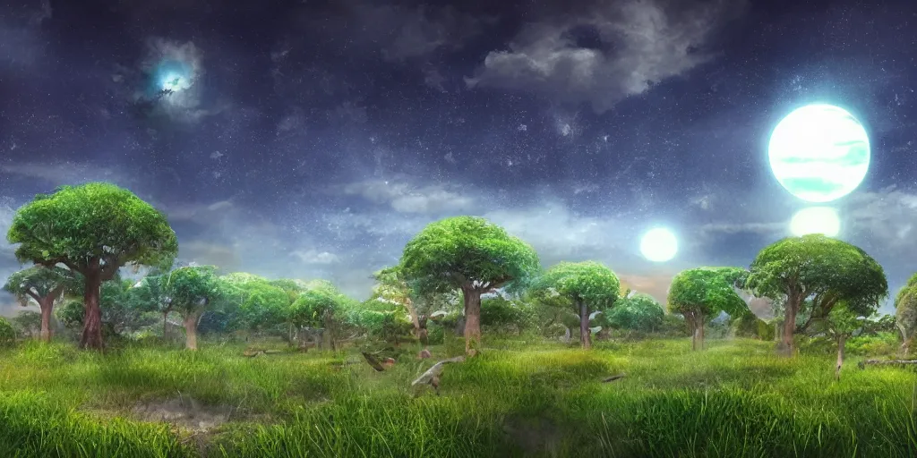 Image similar to digital art, trending on artstation, the sky of an alternate earth with 3 suns and a moon, with a large green meadow, baobab trees and uninhabited alien houses.