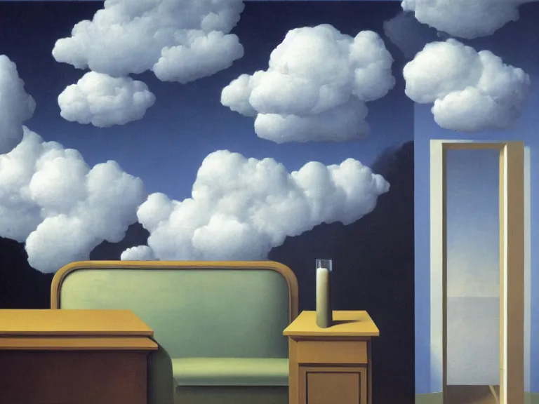 Prompt: room with clouds painted on the walls, painting by rene magritte, centered, high detail, high resolution