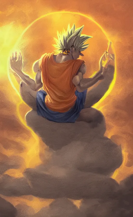 Image similar to photorealistic portrait of the god Sun Goku on his staff meditating on a steep hill Infront of a yellow and red sunset, digital photorealistic art, concept art, trending on art station