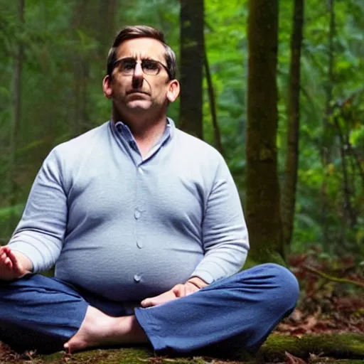 Image similar to chubby Steve Carell meditate in the Forest