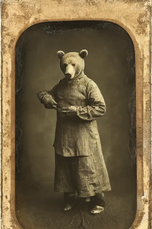 Prompt: a wet plate photo of an anthropomorphic bear dressed as a peasant