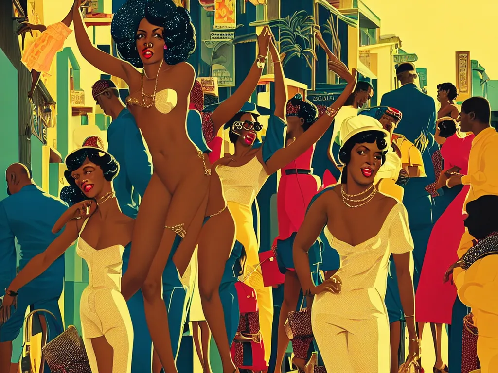 Prompt: people having fun in the city of salvador, brazil, black people, upscale 1960s, speakeasy, relaxed pose, art deco, detailed painterly digital art style by Coles Phillips, retro vibe, furaffinity, 8k octane beautifully detailed render, post-processing, extremely hyperdetailed, intricate, epic composition, grim yet sparkling atmosphere, cinematic lighting + masterpiece, trending on artstation, very detailed, vibrant colors, Art Nouveau, masterpiece, romanticism