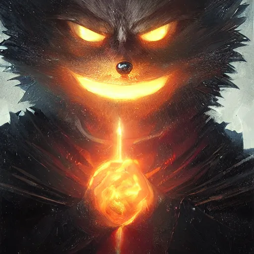 Image similar to portrait of sonic the hedgehog in a black cloak, glowing eyes, detailed face, highly detailed, cinematic lighting, digital art painting by greg rutkowski.