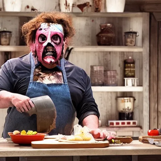 Prompt: Leatherface hosting a cooking show