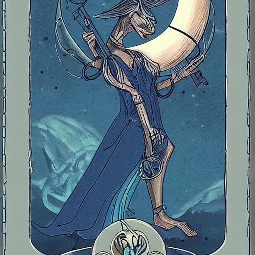 Prompt: moon in tarot card style, tarot deck, fantasy, behance, pinterest, deviantart, artstation, weapons concept art, design, high details