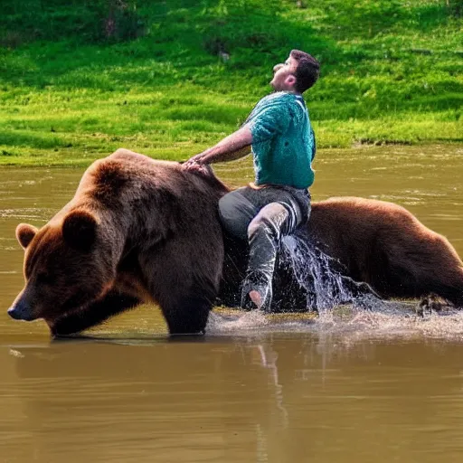 Image similar to high quality photograph of volodimir zelenski riding a bear across a river, golden hour