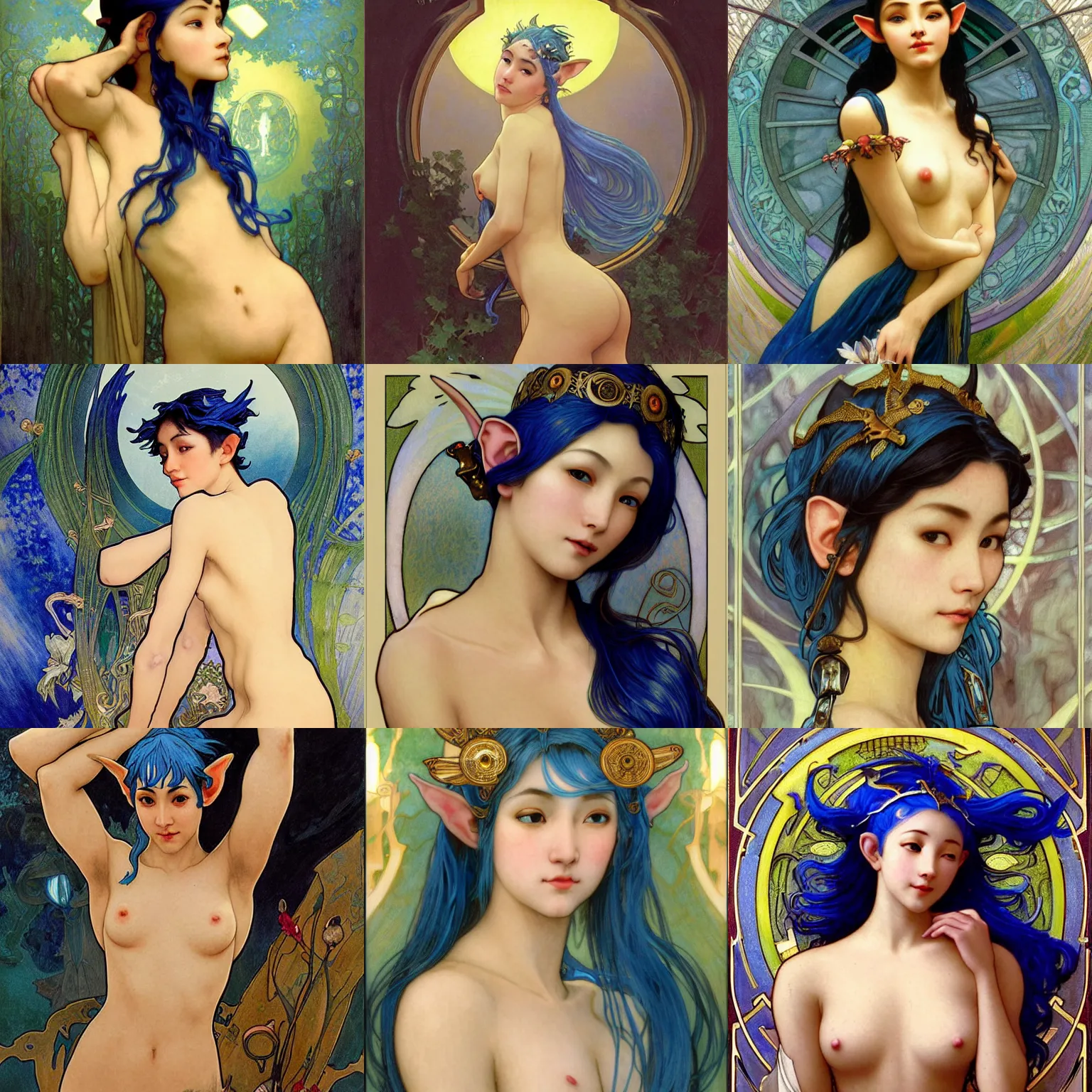 Prompt: stunning, breathtaking, awe-inspiring award-winning concept art nouveau painting of attractive Asian elf nymph with blue hair and pointy elf ears, as the goddess of the sun, with anxious, piercing eyes, by Alphonse Mucha, Michael Whelan, William Adolphe Bouguereau, John Williams Waterhouse, and Donato Giancola, cyberpunk, extremely moody lighting, glowing light and shadow, atmospheric, cinematic, 8K