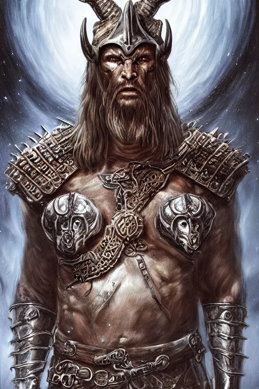 Image similar to full body concept art of viking man wear baphomet armor made with porcelain by Jeff Easley and Peter Elson + beautiful eyes, beautiful face + symmetry face + galaxy + gothic, surreal, dread + highly detailed, intricate complexity, epic composition, magical atmosphere + masterpiece, award winning + trending on artstation