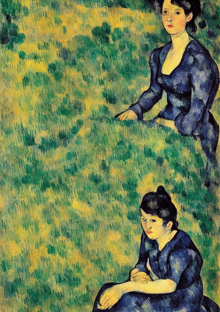 Image similar to a portrait of a young woman from the fifties, seated in front of a landscape background, her black hair is a long curly, she wears a dark green dress pleated in the front with yellow sleeves, puts her right hand on her left hand, post - impressionism, cezanne, gaugin, van gogh, seurat