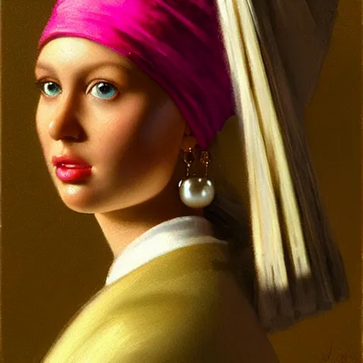 Prompt: close-up portrait of a Barbie doll with a pearl earring oil painting by nuri Ayem James Gurney James Gene Greg Rutkowski highly detailed soft lighting