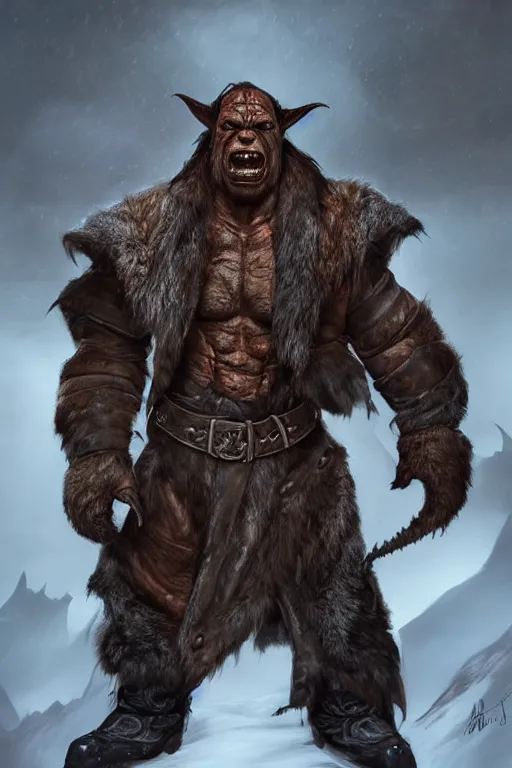 Image similar to A full body shot of a handsome orc looking into the camera wearing a leather fur jacket and boots, full body shot, detailed face, orc, orcish, portrait, artstation, realistic, highly detailed, symmetrical, D&D, Dungeons & Dragons, hyper realistic, dynamic pose, high detail, octane render, unreal engine, 8k, fantasy art, highly detailed, dramatic lighting, concept art
